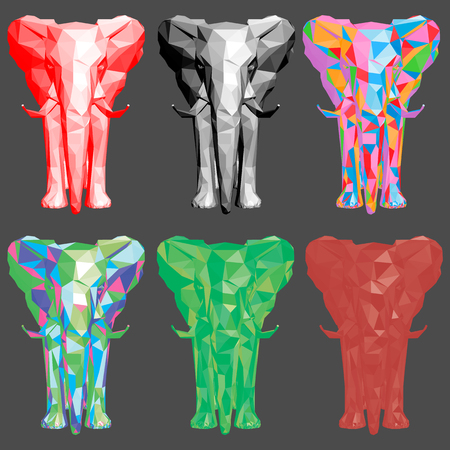 Set with multicolored polygonal elephants. 3D. Vector illustration.のイラスト素材