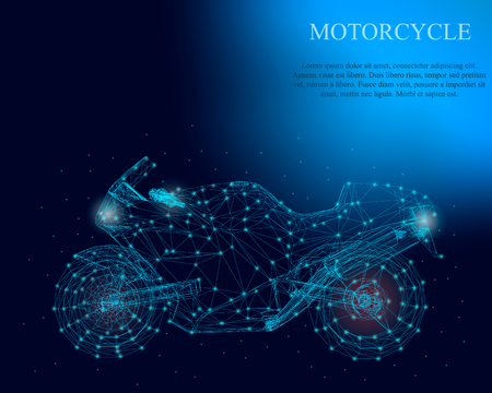 Polygonal motorcycle with shining lights on a dark blue background. Detailed motorcycle wireframe. Side view. Vector illustration.のイラスト素材