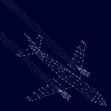 Polygonal plane. Background with the wireframe of a jet plane with a lot of shining lights. Dark blue background with passenger plane. Vector illustration.のイラスト素材