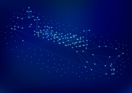 Polygonal cargo ship wireframe with containers. The contour of the ship with a lot of glowing lights. Vector illustration.のイラスト素材