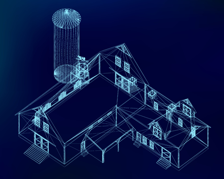 Building wireframe on a dark blue background. Model home project. 3D Vector illustration.のイラスト素材