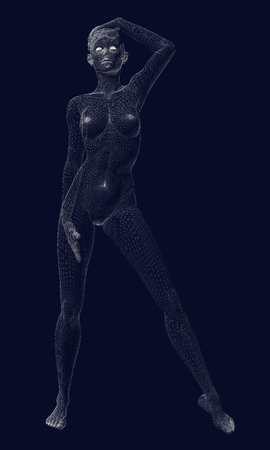The wireframe of the polygonal girl is in a sexy pose. Polygonal girl standing on a dark background. Vector illustration.のイラスト素材