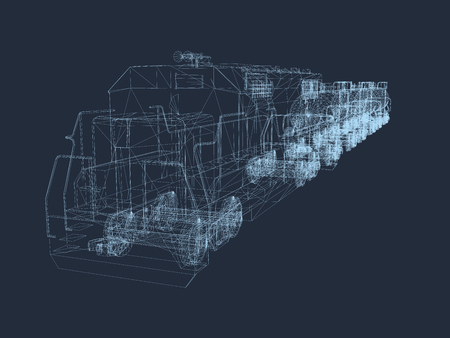 Train wireframe. Polygonal train with cisterns. Train of blue lines on a dark background. 3D. Isometric view. Vector illustration.のイラスト素材