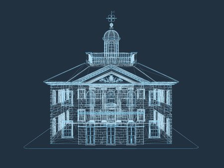 wireframe of the building. Building in isometry on a dark blue background. Polygonal building. 3D Vector illustration.のイラスト素材