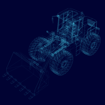 Wireframe of the bulldozer. Polygonal detailed bulldozer. Bulldozer of 3D blue lines. Vector illustration.のイラスト素材