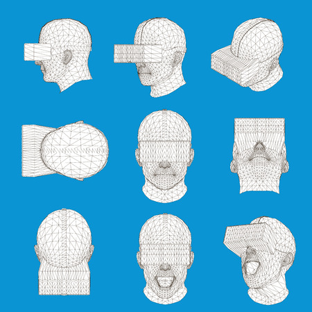Set with a polygonal head of a person with glasses of virtual reality. 3D. Vector illustration.