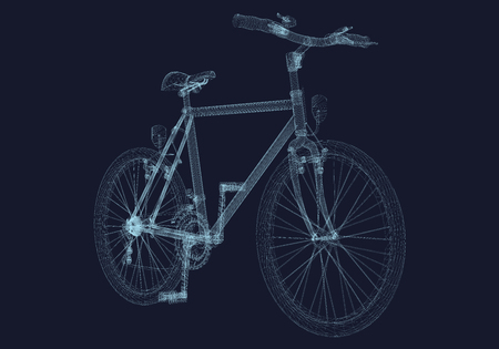 Bicycle wireframe. Detailed model of the Bicycle frame on a dark background. Bicycle consists of blue lines. 3D. Isometric view. Vector illustration.のイラスト素材
