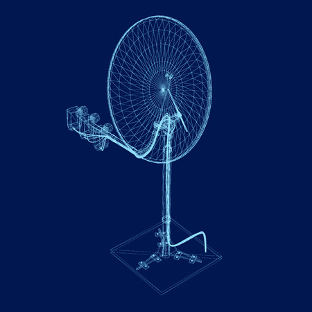 Wireframe satellite dish 3D vector. Polygonal satellite dish of blue lines on a dark background. Isolated satellite dish. Vector illustration.のイラスト素材