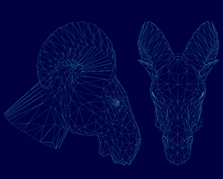 Two ram head wireframe. Front and side view. Polygonal ram head of blue lines on a dark background. 3D. Vector illustrationのイラスト素材
