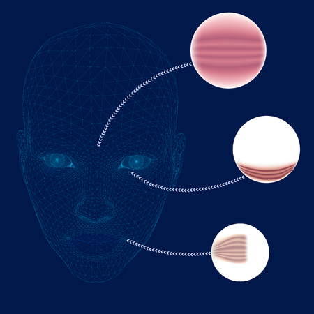 Wireframe of girl head of blue lines on a dark background. Polygonal face of a girl with arrows with increasing skin scale. Enlarged wrinkles and folds of female face. 3D. Vector illustration.のイラスト素材