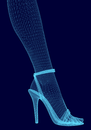 Wireframe of female feet in shoe with high heel. Polygonal leg of the girl from the blue lines on a dark background. 3D. Vector illustrationのイラスト素材