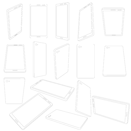 Set with contours of the cell phone. Phones with different types of black lines. Vector illustration.のイラスト素材