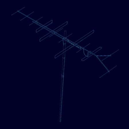 Antenna wireframe of blue lines on a dark background. Contour detailed antenna. Communication antenna isolated on a dark background. Vector illustrationのイラスト素材