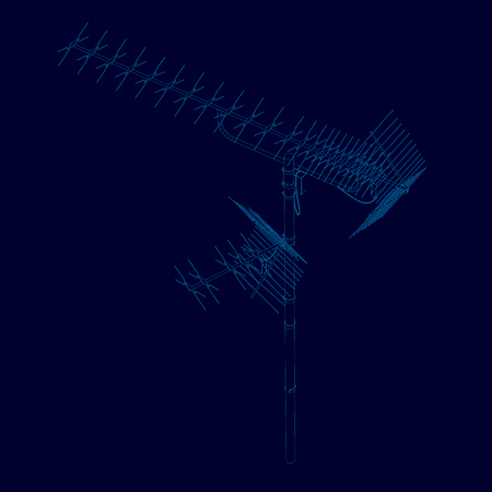 Antenna wireframe of blue lines on a dark background. Contour detailed antenna. Communication antenna isolated on a dark background. Vector illustrationのイラスト素材