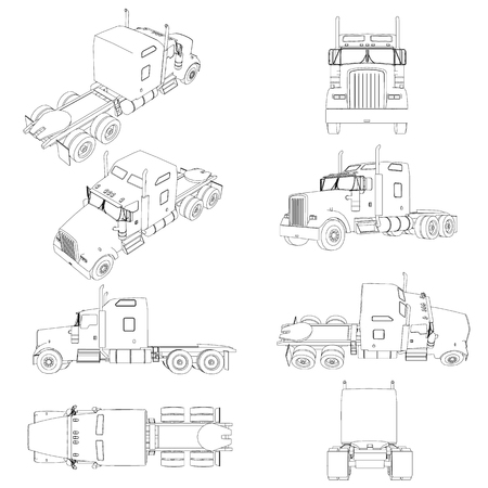 Set with the contours of the truck without a trailer in different positions. The contour of the truck front, side, rear view, isometric. Vector illustration.のイラスト素材