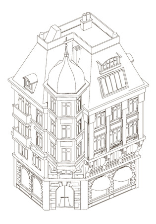 Outline of the building of black lines on a white background. Outline of the building is isolated on a white background. Isometric view. Vector illustrationのイラスト素材