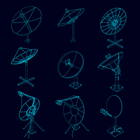Set with contours of satellite dishes. Telecommunication satellite dishes from blue lines on a dark background. Isometric view. Vector illustration.のイラスト素材