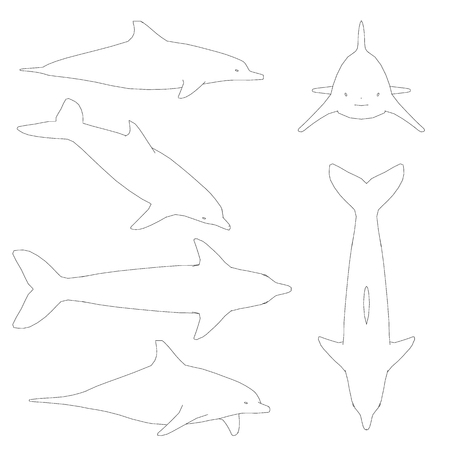 Set with contours of a dolphin. Dolphin contours isolated on white background. Vector illustrationのイラスト素材