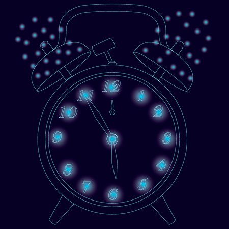 Contour of the old clock with an alarm clock. Contour of the clock of the blue lines on a dark background with glowing lights. Vector illustration.のイラスト素材