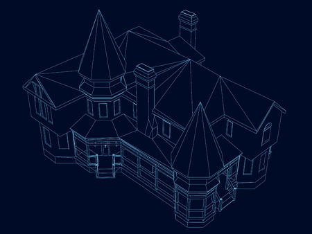 Wireframe of the building of the blue lines on a dark background. Contour of the estate. 3D. Vector illustration.のイラスト素材