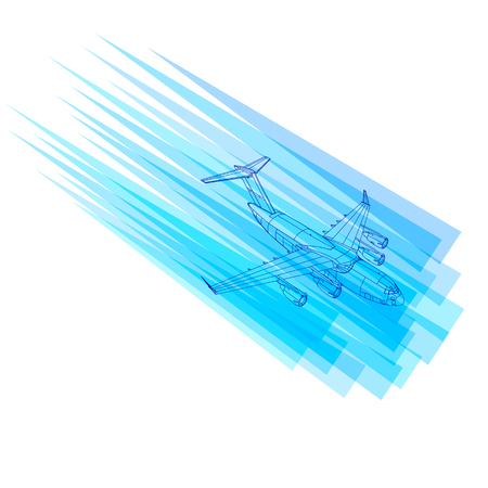 Background with flying plane. Logo with the contour of a flying plane and blue lines. Vector illustrationのイラスト素材