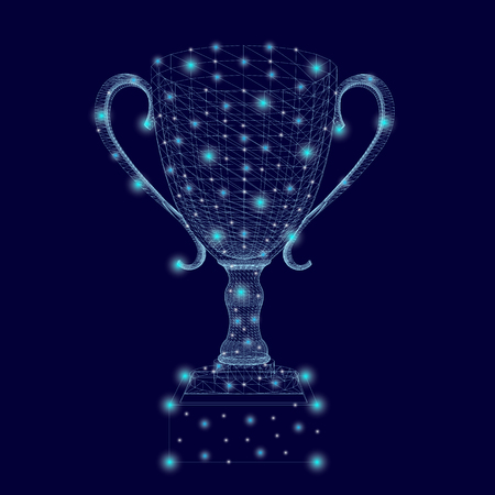Wireframe of the winning cup with glowing lights. Polygonal goblet of blue lines on a dark background. 3D. Vector illustration.のイラスト素材