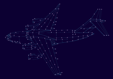 Contour of the aircraft with glowing lights. Side view. Vector illustrationのイラスト素材