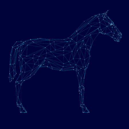 Polygonal horse wireframe made of blue lines on a dark background. Side view. Vector illustrationのイラスト素材