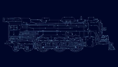 Wireframe of an old train of blue lines on a dark background with luminous lights. Side view. Vector illustration.のイラスト素材