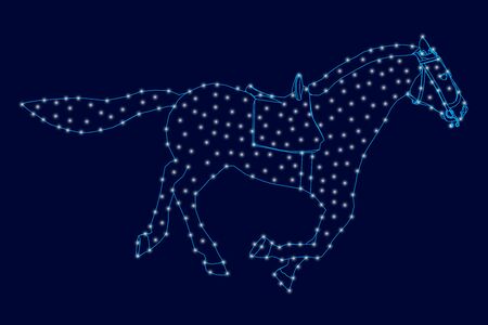 Contour of a running horse from blue lines on a dark background with luminous lights. Vector illustration.のイラスト素材