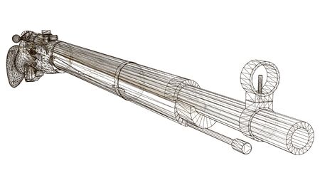 Wireframe detailed rifle. Perspective view. Antique rifle from black lines on a white background. 3D. Vector illustrationのイラスト素材