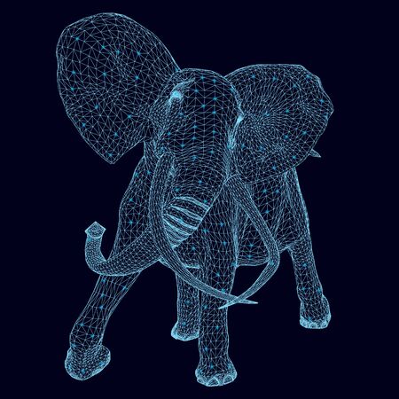 Wireframe of an elephant from blue lines with luminous lights on a dark background. Polygonal elephant in motion. 3D. Vector illustrationのイラスト素材