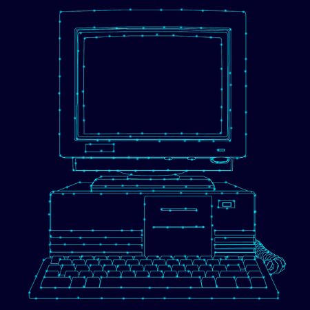 The contour of an old computer from blue lines with luminous lights on a dark background. Front view. Vector illustration.のイラスト素材