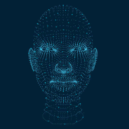 The head of a girl consisting of many points. Girl head projection. 3D. Vector illustration