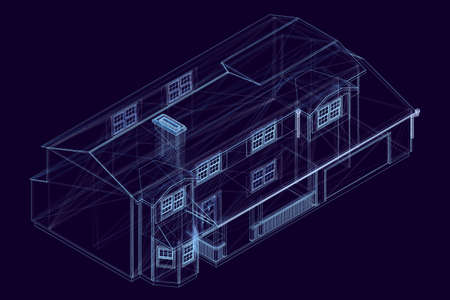 House wireframe made of blue lines on a dark background. Isometric view. The plan of a one-story house. Vector illustrationのイラスト素材
