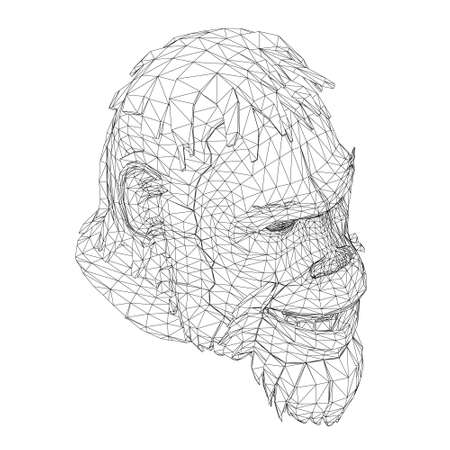 Wireframe low poly head of a Neanderthal. Wireframe head of a prehistoric man. Isometric view. 3D. Vector illustrationのイラスト素材