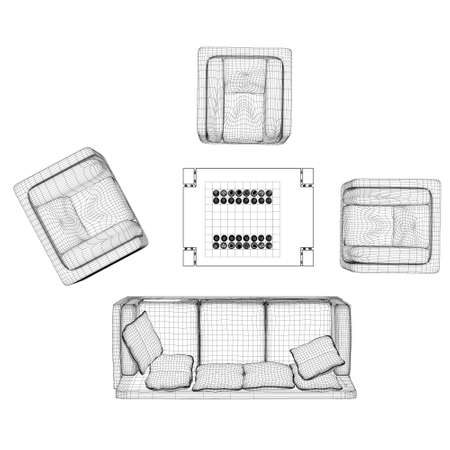 Wireframe sofa, armchairs and table with chess. Top view. 3D. Vector illustrationのイラスト素材