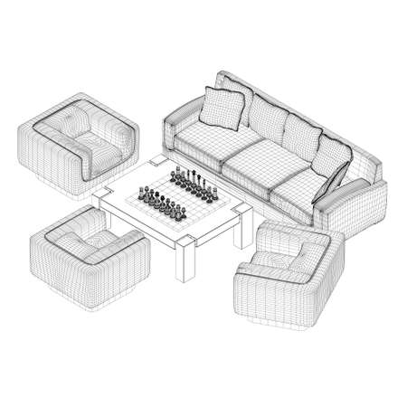 Wireframe sofa, armchairs and table with chess. Isometric view. 3D. Vector illustrationのイラスト素材