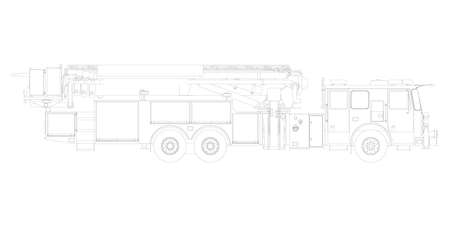 Outline of a fire truck from black lines isolated on a white background. Side view. Vector illustrationのイラスト素材