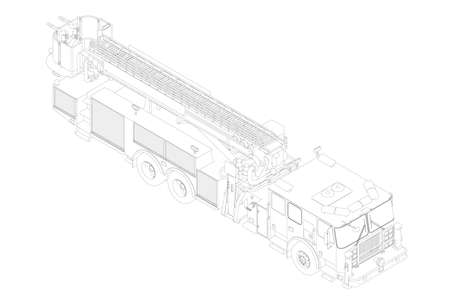 Outline of a fire truck from black lines isolated on a white background. Isometric view. Vector...