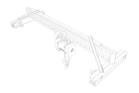Contour of lifting stationary crane from black lines isolated on white background. 3D. Isometric view. Vector illustrationのイラスト素材