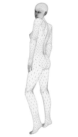 Wireframe of a girl in a sexy pose from black lines on a white background. 3D. Vector illustrationのイラスト素材