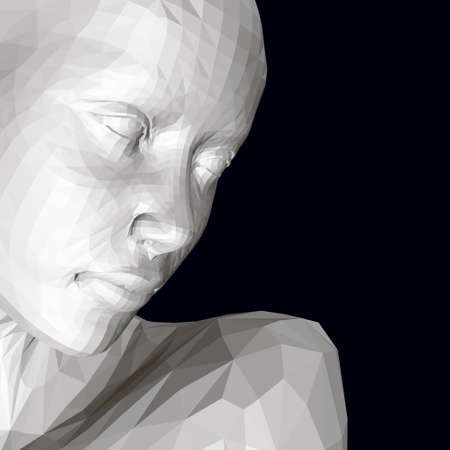 Polygonal face of a girl isolated on a dark background. 3D. Vector illustrationのイラスト素材