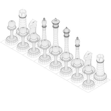 Wireframe of chess pieces lined up in a row. Isometric view. 3D. Vector illustrationのイラスト素材