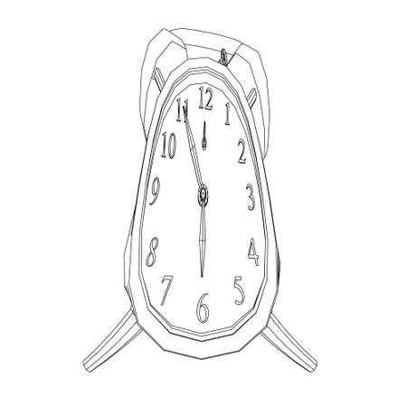 Contour of a table clock with an alarm clock in a twisted shape from black lines on a white background. Vector illustrationのイラスト素材