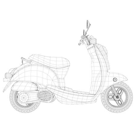 Polygonal wireframe of a motor scooter isolated on a white background. 3D. Side view. Vector illustrationのイラスト素材