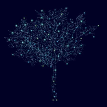 Low-poly wood wireframe made of blue lines with glowing lights on a dark background. Vector illustrationのイラスト素材