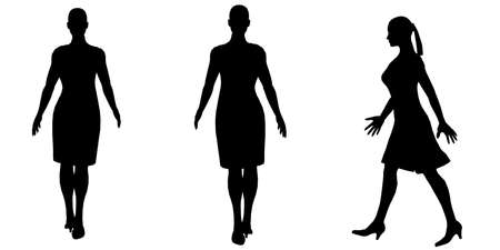 Silhouette of a walking girl isolated on a white background. Side, front, back view. Vector illustrationのイラスト素材