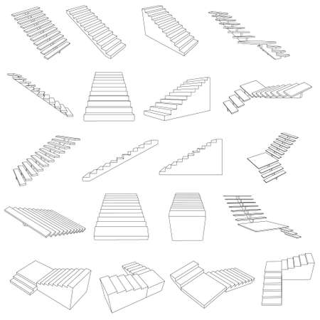 Set with contours of stairs of different types isolated on white background. Vector illustrationのイラスト素材