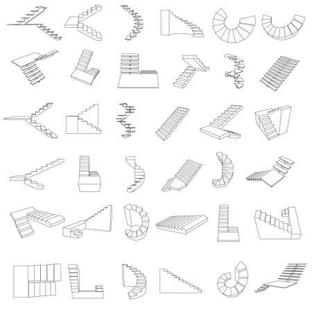 Set with contours of stairs of different types isolated on white background. Vector illustrationのイラスト素材